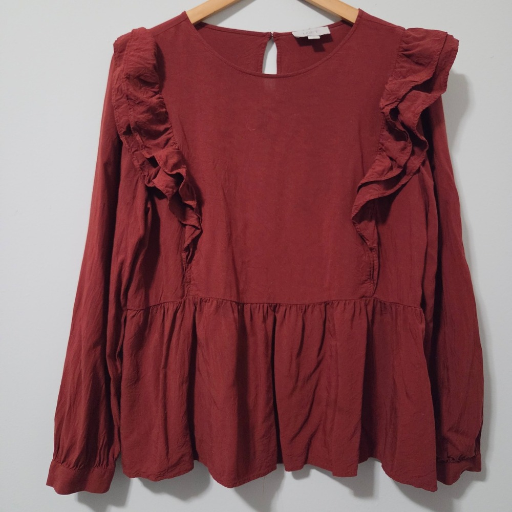 Loft Outlet Womens Ruffle Shoulder Peplum Blouse Rust Red Long‎ Sleeve Top Large
